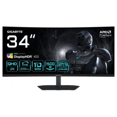 GIGABYTE G34WQC2 Monitor Gaming Curvo 34” WQHD - 3440 x 1440, 1500R, 200Hz, 1ms, 450 cd/m², AMD FreeSync Premium, DisplayHDR 400, HDMI 2.0, Displayport 1.4 (Espera 4 dias)