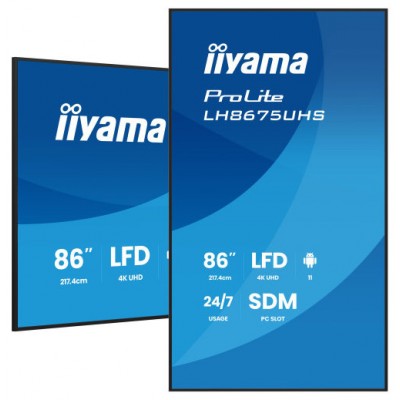 MONITOR TACTIL IIYAMA 86" 3840X2160, UHD VA, 500CD/M2, HORIZ VERT,FAILOVER, MM 2X 10W, HDMI 3X, DP, DP-OUT, USB 2.0 X2, WIFI, LAN, MEDIA PLAY USB, LAN / RS232C, IISIGNAGE2, IISHARE, IICONTROL ANDROID 11, PC-SLOT SDM-L, 24/7, VESA 600X400 (LH8675UHS-B