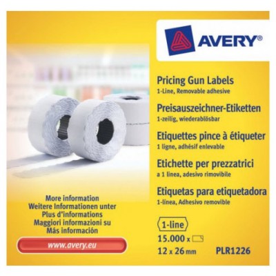 PACK 10 ROLLOS DE ETIQUETAS BLANCAS-DESPEGABLES DE 1 LÍNEA-1.500 ETIQUETAS 12X26MM POR ROLLO AVERY PLR1226 (Espera 4 dias)
