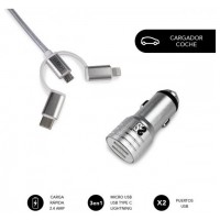 CARGADOR USB COCHE 2xUSB (2.4A) + CABLE 3EN1 PLATA SUBBLIM (Espera 4 dias)