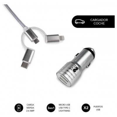 CARGADOR USB COCHE 2xUSB (2.4A) + CABLE 3EN1 PLATA SUBBLIM (Espera 4 dias)