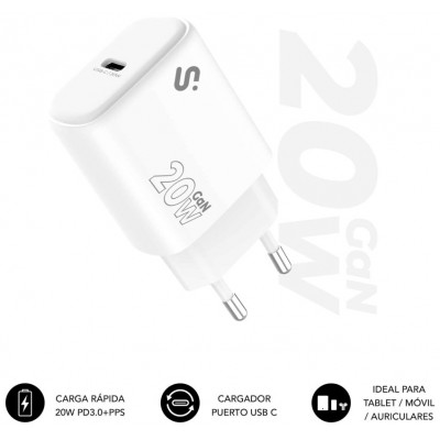 SUBBLIM Cargador USB-C GaN 20W , Power Delivery 3.0 & PPS, Enchufe Rápido para iPhone 16-12, iPad, Galaxy S24-S20, Pixel 9-6, Xiaomi, Ultraportátil, Seguro y Certificado (Espera 4 dias)