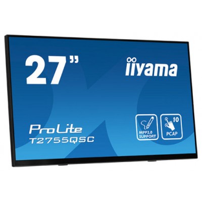 MONITOR IIYAMA 27" IPS BONDED PCAP 10P TOUCH, MPP2.0 (ACTIVE STYLUS) SUPPORTED, 2560X1440, FLAT BEZEL FREE GLASS FRONT, HDMI, DISPLAYPORT, 360CD/M², USB HUB 2X 3.2, SPEAKERS, BOOKSTAND (T2755QSC-B1) (Espera 4 dias)