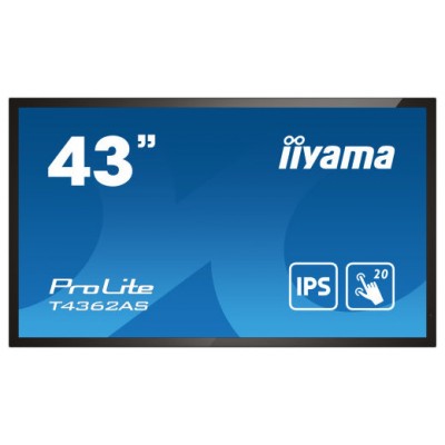 MONITOR IIYAMA 43" 4K 20P TACTIL IPS (T4362AS-B1) 3840X2160 / OPERACION 24/7 / HDMIX3 / HORIZONTAL Y APAISADO / 420CD/M2, 1200:1, 8MS, USB TOUCH INTERFACE, RS232C / 16GB EMMC / 2G RAM / 1GB EMBEDDED / SD CARD SLOT / ESHARE / VESA 200 MM (Espera 4 dia